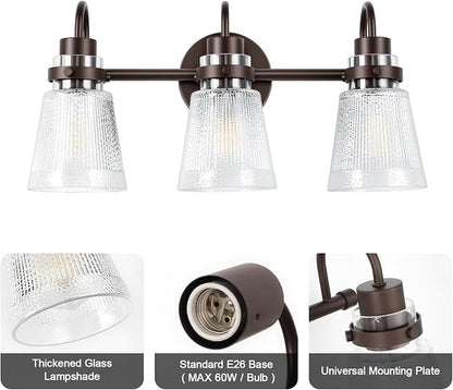 3-Light Bathroom Vanity Light, Farmhouse Bathroom Light Fixture with Clear Striped Glass Shade, 18.8 Inch Oil Rubbed Bronze Wall Sconce Lighting Over Mirror for Bedroom Hallway Cabinet
