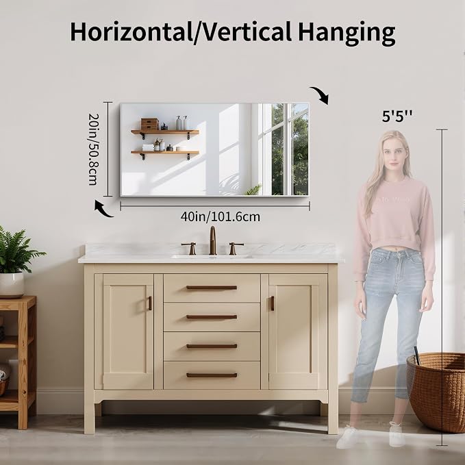 YIROMAN Bathroom Mirror 20"x40", Brushed Silver Bathroom Mirror for Over Sink with Aluminum Frame, Rectangular Vanity Mirror with Right Angle, Wall Mirror Hangs Horizontal or Vertical