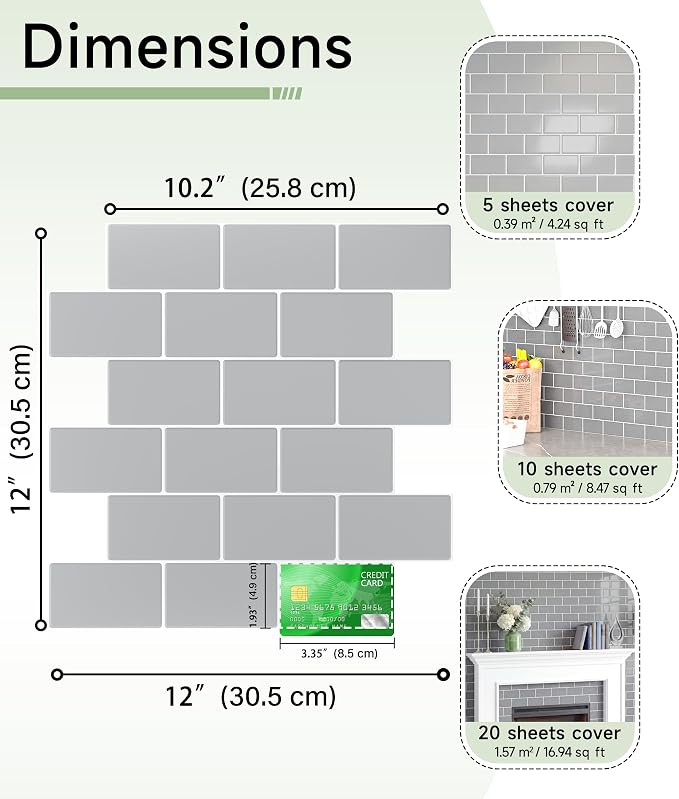 Peel and Stick Backsplash for Kitchen: Self Adhesive Wall Tiles for Bathroom - Vinyl Thick Back Splash Tile (10, Grey)