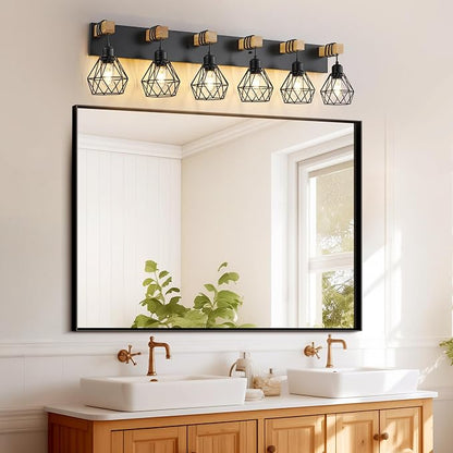 VbiTmn Bathroom Light Fixtures,6 Light Black Farmhouse Wood Vanity Lights | Rustic Design, Diamond Metal Shades, Easy to Install, Wall Sconces for Bathroom, Bedroom, Makeup Area, Over Vanity Mirror