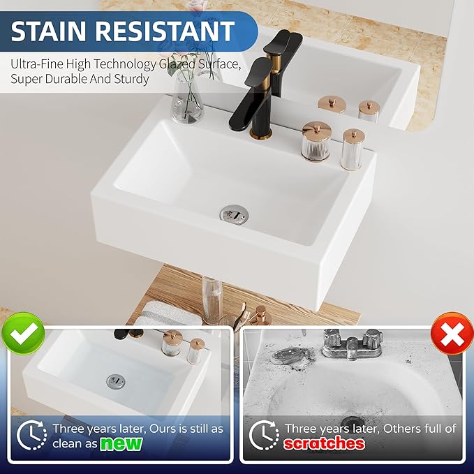 Floating Bathroom Vessel Sink Wall Mount, Hugsleek 16 x 12 inch Rectangle White Porcelain Ceramic Vessel Sink Wall Mounted Hang Bath Sink Bowl Basin Lavatory Vanity Restroom With Faucet Hole
