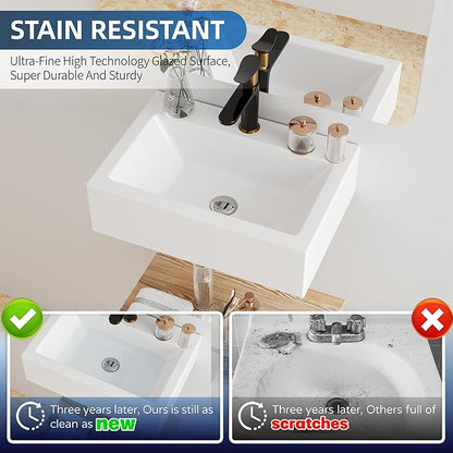 Floating Bathroom Vessel Sink Wall Mount, Hugsleek 16 x 12 inch Rectangle White Porcelain Ceramic Vessel Sink Wall Mounted Hang Bath Sink Bowl Basin Lavatory Vanity Restroom With Faucet Hole