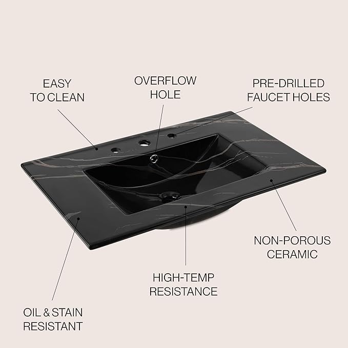 JONATHAN Y SNK1002D Ancillary 3-Hole 30 in. W x 18.25 in. D Classic Contemporary Rectangular Ceramic Single Sink Basin Vanity Top, Black Marble Effect
