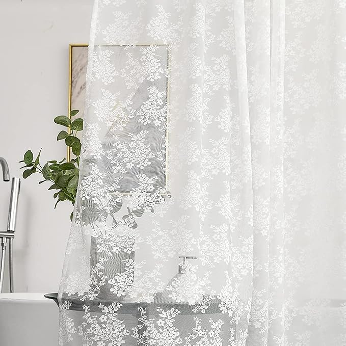 White Lace Shower Curtain 72x72, Vintage with Attached Valance, 1 Panel | Sheer White Shower Curtain with Floral Lace and Scalloped Trim Filters Soft Light for an Elegant Romantic Victorian Bathroom