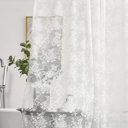 White Lace Shower Curtain 72x72, Vintage with Attached Valance, 1 Panel | Sheer White Shower Curtain with Floral Lace and Scalloped Trim Filters Soft Light for an Elegant Romantic Victorian Bathroom