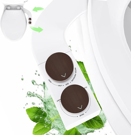 Toilet Bidet With Left/Right Side Reversible Design, Fresh Water, Non-Electric, Toilet Bidet Attachment, Right/Left Hand Side with Dual Nozzle, Self-Clean, Easy to Install (Brown Knob)