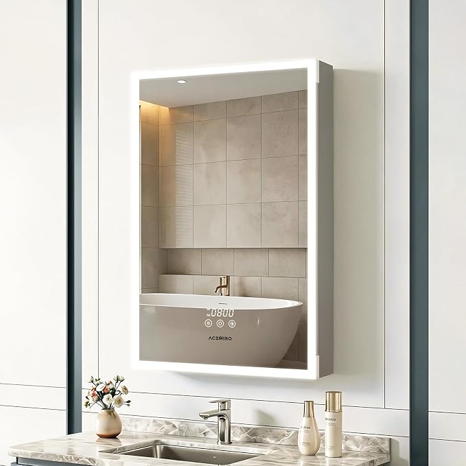 ACEMIRO 20"×30" Bathroom Mirror Cabinet, Recessed Lighted Medicine Cabinet with Mirror, Dimmable 3 Color Lights, Clock & Room Temp Display, Defogger, LED Bathroom Cabinet with Storage, Left Hinge