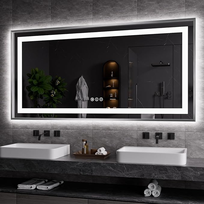LED Bathroom Mirror 60"X30", Front Light and Backlit(Brushed Silver) | Metal Framed Mirror, Stepless Dimmable, Anti-Fog, HD Reflection, Shatter-Proof, Memory, 3 Colors, Double LED Vanity Mirror.