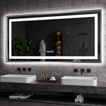 LED Bathroom Mirror 60"X30", Front Light and Backlit(Brushed Silver) | Metal Framed Mirror, Stepless Dimmable, Anti-Fog, HD Reflection, Shatter-Proof, Memory, 3 Colors, Double LED Vanity Mirror.