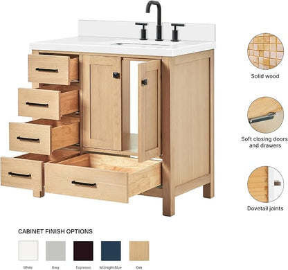 ARIEL Cambridge 36-inch Bathroom Vanity with Sink,Solid Wood, 1.5-inch Pure White Quartz Countertop, Single Rectangular Porcelain Sink, 2 Soft Closing Doors, 5 Dovetail Drawers, White Oak