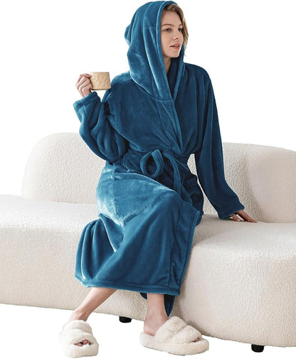 Robes for Women - Hooded Plush Fleece Bathrobe with Sash & Pockets, Full-Length Lightweight Spa Robe