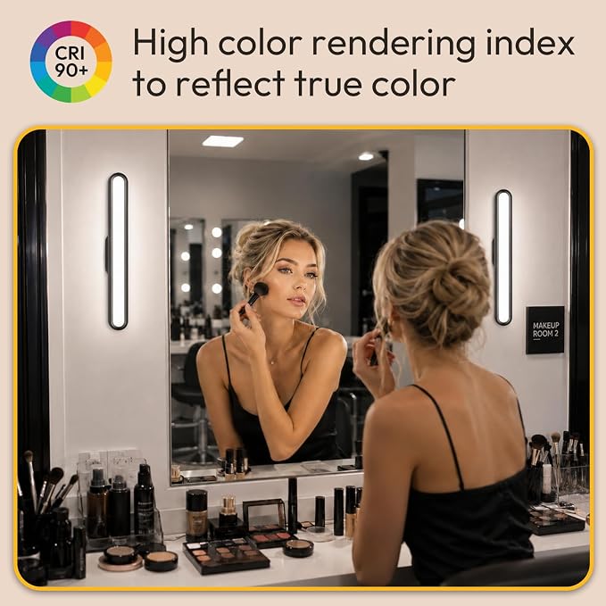 Mirror Light Bar, 2600mAh Rechargeable LED Stick on Vanity Lights for Mirror, 3 Color Modes Stepless Dimming Makeup Lights, Magnetic Wireless LED Lights for Bathroom Mirror, Closet(Black)