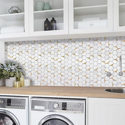 STICKGOO Peel and Stick Backsplash for Kitchen, Self-Adhesive Tile Hexagon Mosaic Tiles (10 Sheets, White Marble with Metal Gold )