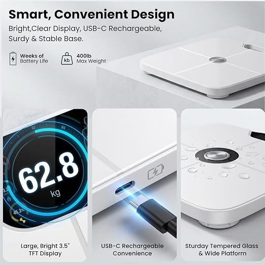Premium Smart Digital Body Weight Scale - 8 Electrodes – 56+Metrics -Rechargeable- WiFi & Bluetooth - Full Body Analysis -Track Body Fat, Muscle Mass, Fat Percentage, Sleek Design