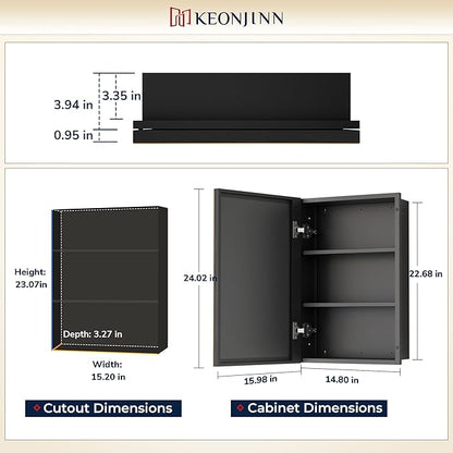 Keonjinn 16" x 24" Medicine Cabinets with Mirror for Bathroom, Oil Rubbed Bronze Recessed or Surface Wall-Mounted Aluminum Alloy Framed Beveled Mirror, Farmhouse Bathroom Mirror with Storage Cabinet