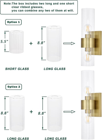 Gold Modern Bathroom Sconces Wall Lighting with Clear Ribbed Glass, Aged Brass 2-Light Bathroom Vanity Light Fixtures for Mirror Living Room Hallway Bedroom
