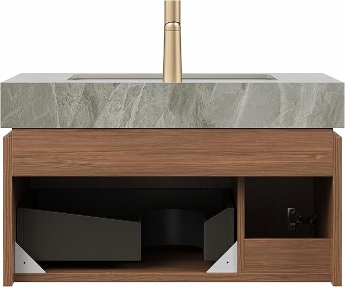 Ambrovina 30" Floating Bathroom Vanity with Sink, Modern Plywood Bathroom Storage Cabinet with Drawer and Door, Light Gray Sintered Stone Countertop and White Ceramic Basin, Pre-Assembled, Dark Oak