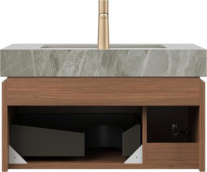 Ambrovina 30" Floating Bathroom Vanity with Sink, Modern Plywood Bathroom Storage Cabinet with Drawer and Door, Light Gray Sintered Stone Countertop and White Ceramic Basin, Pre-Assembled, Dark Oak