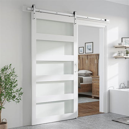 SMARTSTANDARD 40 x 84 in Glass Barn Door with 7FT Silver Sliding Hardware | Brushed Nickel Sliding Hardware Kit & Handle, Pre-Drilled Ready to Assemble, Waterproof PVC Coating, White, 5-Panel Glass