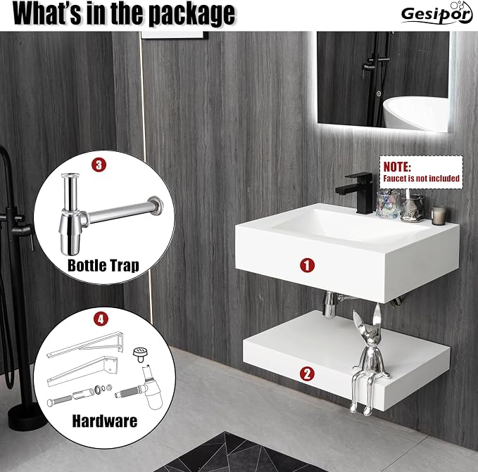 24”x19" Wall-Mount Stone Resin Bathroom Sink Rectangular Vessel Sinks for Bathroom Floating Vanity Sink Trough Modern Art Basin with Shelf Layer