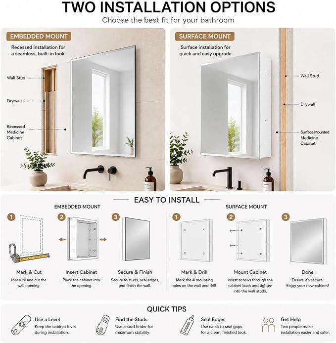 16x20 Plastic Medicine Cabinet with Mirror, Recessed or Surface Mount | 2 adjustable shelves, beveled mirror, soft-close reversible door, 95% assembled; cutout 13.8"W x 17.9"H x 3"D