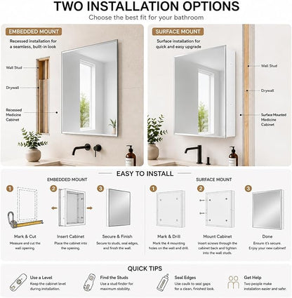 16x20 Plastic Medicine Cabinet with Mirror, Recessed or Surface Mount | 2 adjustable shelves, beveled mirror, soft-close reversible door, 95% assembled; cutout 13.8"W x 17.9"H x 3"D