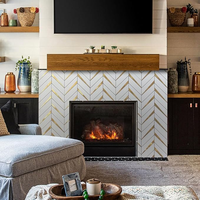 DICOFUN Polished White PVC Mixed Metal Gold Herringbone Tile Peel and Stick Backsplash, Stick on Backsplash for Kitchen and Bathroom Wall