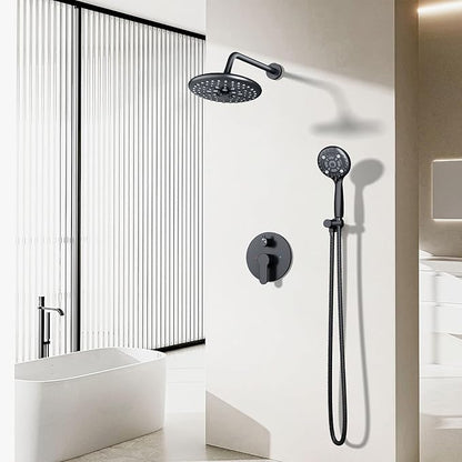 EMBATHER Shower Faucet Sets - Overhead Rain Head Shower System with High Pressure Handheld Complete Combo and Mixer Valve Trim Kit - Matte Black Rainfall Shower Fixture for Luxury Bathroom