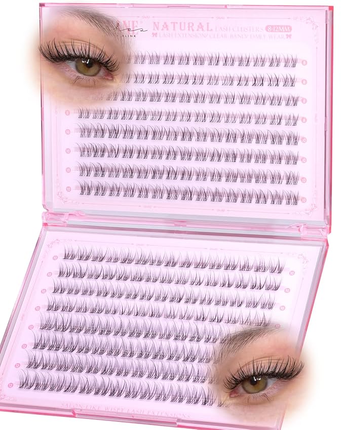 Natural Lash Clusters Short 8-10-12mm Cluster Eyelash Extensions 240Pcs Wispy Eyelash Clusters Venus Natural Individual Lashes with Clear Band for Lash Extensions Beginner Glasses Friendly