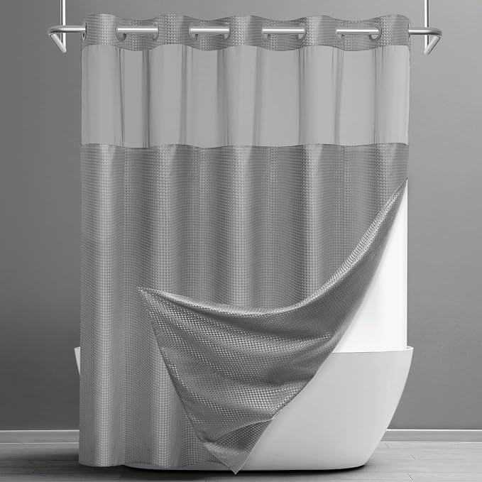 SORTTO No Hook Shower Curtain with Snap in Liner Set Waffle Shower Curtain for Bathroom Hotel Style Fabric Waterproof Inner Liner，71" W x 77" H, Grey