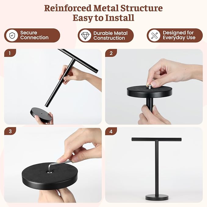 Hand Towel Holder Stand, Freestanding Bathroom Towel Rack, Black, 2 Pack | Weighted Stainless Steel Base Helps Prevent Tipping While The Open T-Shape Keeps Towels Dry on Bathroom Countertops