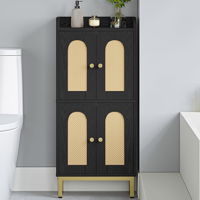 Bathroom Cabinet, Small Storage Cabinet with 4 Doors, Bathroom Organizers and Storage Cabinets with Adjustable Feet, Cabinets Freestanding for Living Room, Kitchen, 7.1"D x 14.6"W x 32.7"H
