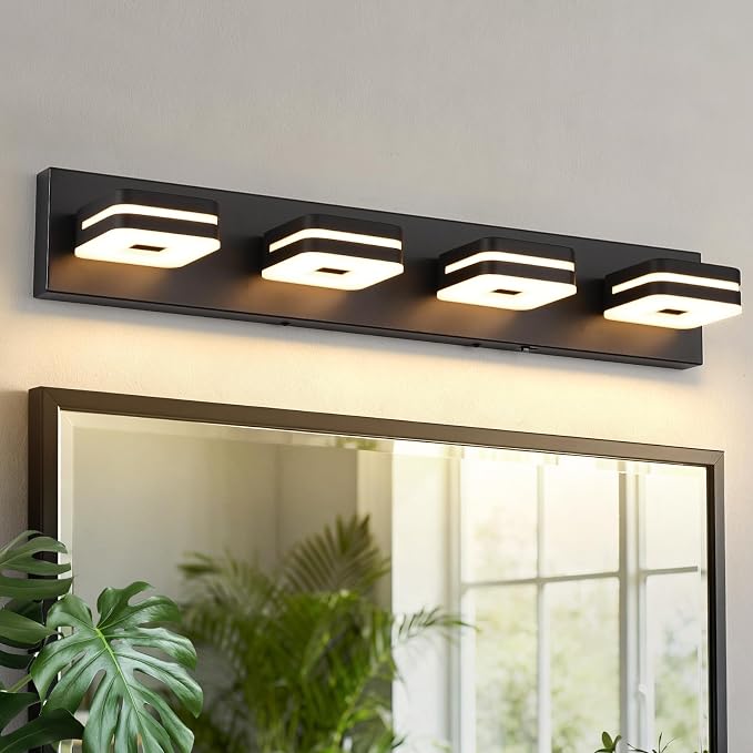 Matte Black Bathroom Vanity Light, 4-Light Modern Wall Sconce with 5CCT Dimmable LED, Farmhouse Light Fixture Over Mirror for Bathroom, Black and Gold Vanity Lights