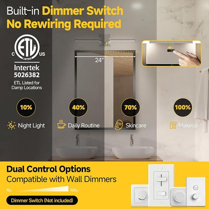 24 Inch Brushed Nickel Bathroom Vanity Light, Built-in Dimmer 2700K-6000K 1100LM LED, 360° Rotatable Bathroom Lights Over Mirror for Makeup, Shaving, Restroom, Powder Room ETL FCC