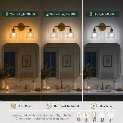 2-Light Gold Brass Bathroom Light Fixture with Clear Tulip Glass Shade,Wall Sconces,Vintage Vanlity Light Over Mirror,Bathroom Wall Light,E26 Socket(Bulbs Not Included)