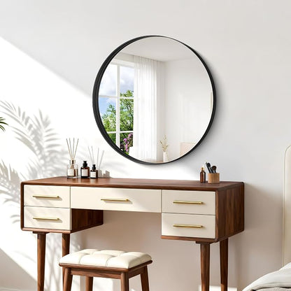 Black Round Mirror 28 inch Deep Frame Circle Mirror, Metal Framed Bathroom Mirror, Round Vanity Mirror, Circle Mirrors for Wall Entryway Bedroom Living Room Hallway