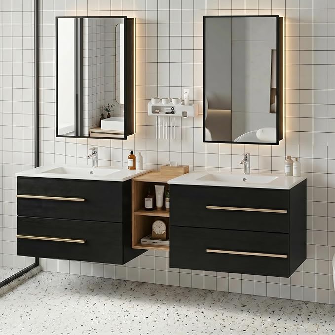 72 Inch Floating Double Sink Bathroom Vanity with Sink Combo, Modern Wall-Mounted Vanities Cabinet with Large Soft-Closing Drawers, Double Vanity Sinks for Bathrooms, Black&Natural