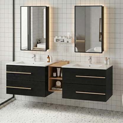 72 Inch Floating Double Sink Bathroom Vanity with Sink Combo, Modern Wall-Mounted Vanities Cabinet with Large Soft-Closing Drawers, Double Vanity Sinks for Bathrooms, Black&Natural