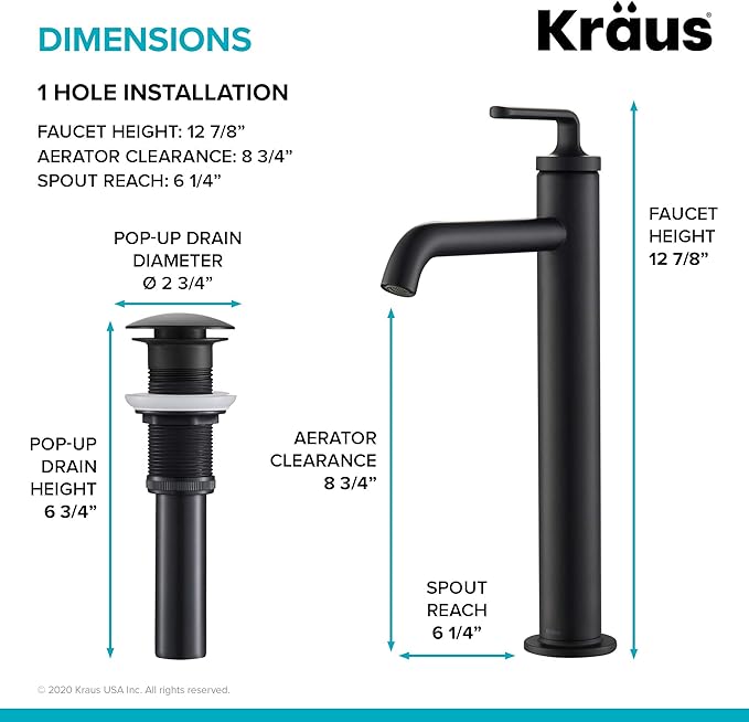 KRAUS Ramus Single Handle Vessel Sink Bathroom Faucet with Pop-Up Drain in Matte Black, KVF-1220MB-2PK