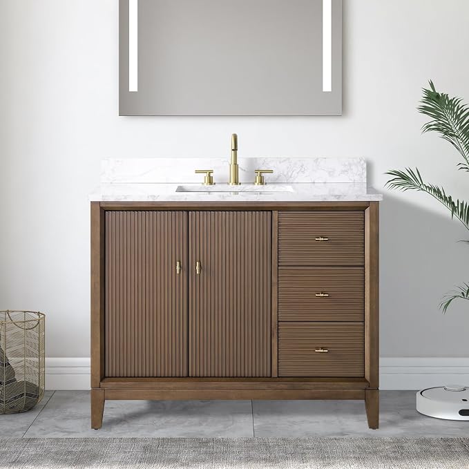 Vanity Art 42" Bathroom Vanity with Single Sink & Arabescato White Engineered Stone Top, Vanity Cabinet with Soft Closing Door, Solid Wood Frame, Golden Brushed Handles, Walnut VA8142-Walnut-GB