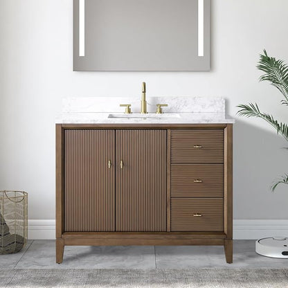 Vanity Art 42" Bathroom Vanity with Single Sink & Arabescato White Engineered Stone Top, Vanity Cabinet with Soft Closing Door, Solid Wood Frame, Golden Brushed Handles, Walnut VA8142-Walnut-GB