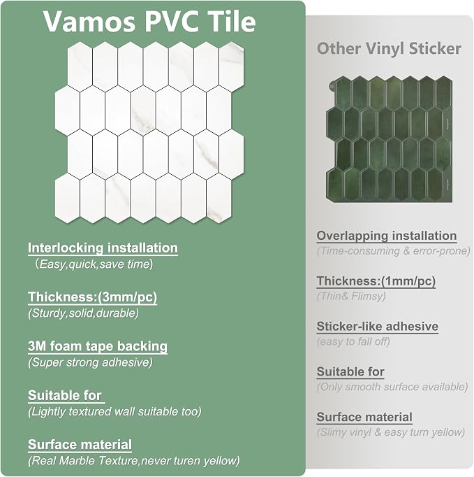 Vamos Tile Long Hexagon Peel and Stick Backsplash Tile - 10 Sheets Stick on Backsplash for Kitchen and Bathroom 12.4 x 12 Inch White Marble Look PVC Self Adhesive Mosaic Wall Tiles