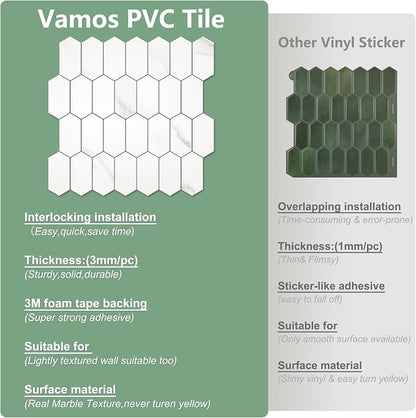 Vamos Tile Long Hexagon Peel and Stick Backsplash Tile - 10 Sheets Stick on Backsplash for Kitchen and Bathroom 12.4 x 12 Inch White Marble Look PVC Self Adhesive Mosaic Wall Tiles