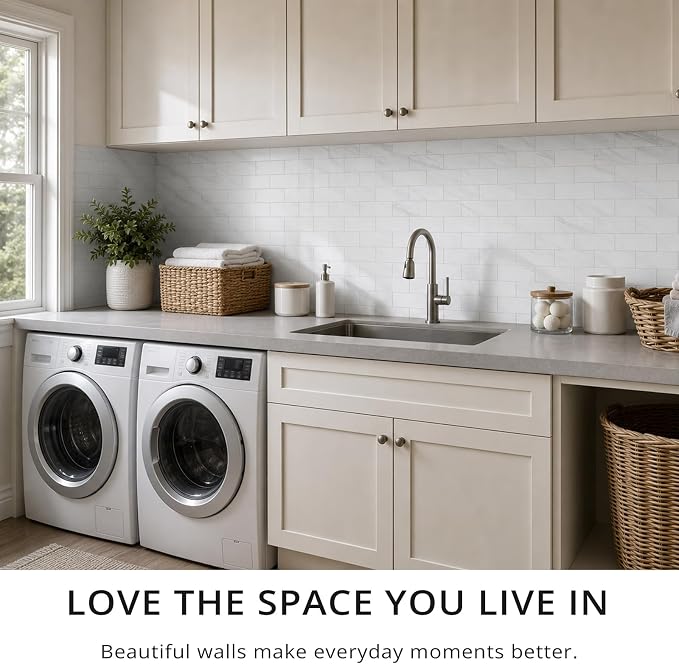 StyloVue 100 Pieces Peel and Stick Backsplash for Kitchen, 3" x 6" PVC Subway Tile, 2026 Upgraded Sparkle White Marble, Stick on Wall Tile for Kitchen, Bathroom, Fireplace, RV