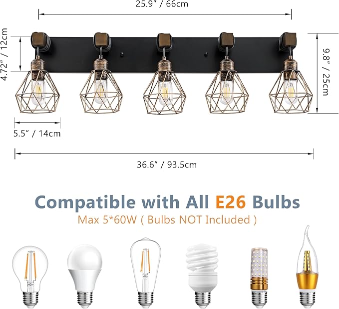 VbiTmn Black Gold Bathroom Light Fixtures, 5-Light Farmhouse Vanity Light | Wood Vanity Lights, Rustic Wall Mount Over Mirror for Bedroom & Hallway, Easy to Install, Sturdy Build for Bathroom Use