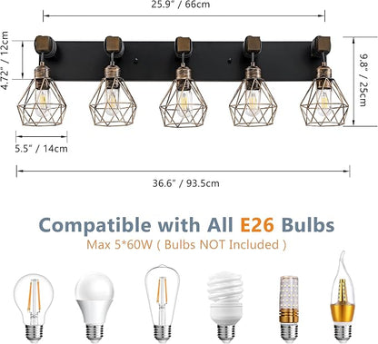 VbiTmn Black Gold Bathroom Light Fixtures, 5-Light Farmhouse Vanity Light | Wood Vanity Lights, Rustic Wall Mount Over Mirror for Bedroom & Hallway, Easy to Install, Sturdy Build for Bathroom Use
