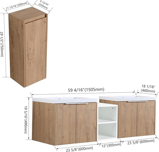 SSLine 60-Inch Double Sink Vanity Modern Wall Mounted Bathroom Vanity with Double Sink 60" Large Floating Bathroom Vanities Set with White Open Storage Shelf & 1 Side Cabinet,Brown White