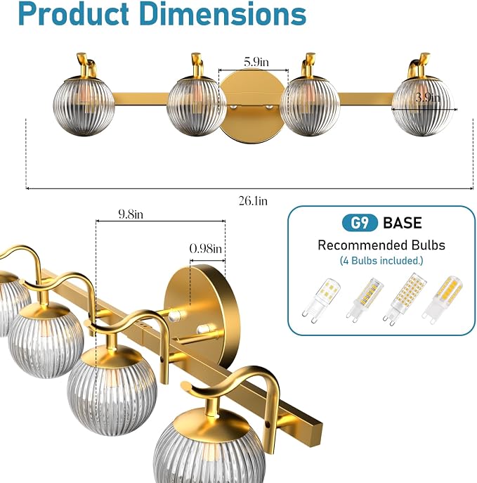 Lightdot Upgrade 4 Light Bathroom Vanity Light, 26" Modern Gold Vanity Lights with Waterproof Crystal Ribbed Lampshade, Rust-Proof Bathroom Light Fixtures Over Mirror for Kitchen Hallway Cabinet