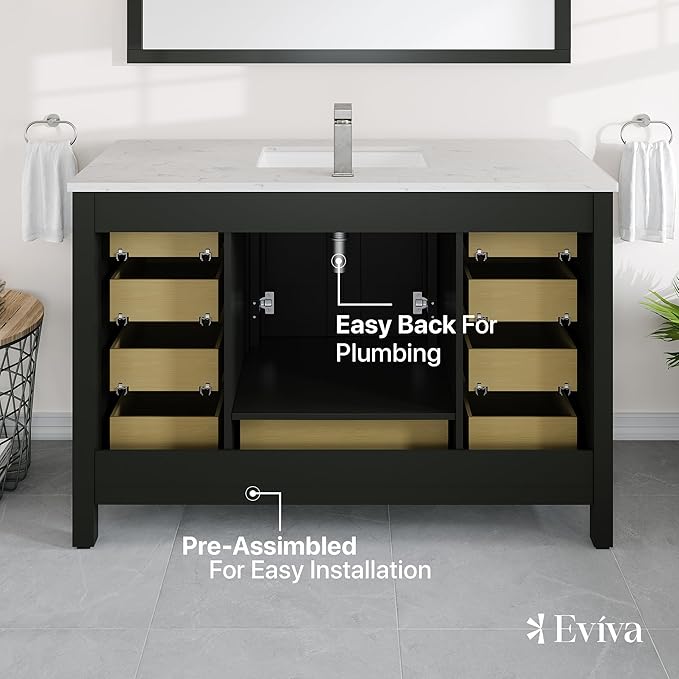 Eviva London 48 x 18 inch Espresso Transitional Bathroom Vanity with White Carrara Quartz Countertop and Undermount Porcelain Sink
