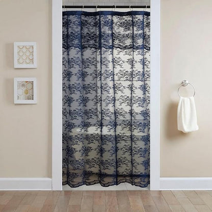 TUDECO Navy Blue Lace Stall Shower Curtain with Valance 36''W x 72''L | Narrow, Half Size, for Boys Mens Bathroom, Retro Floral, Semi-Sheer, Scalloped Edges, Reinforced Holes, Machine Washable